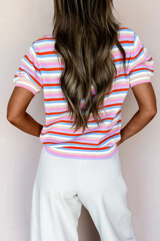 DLLS581 - Ladies Multicolor Textured Stripes Knit Short Sleeve Sweater