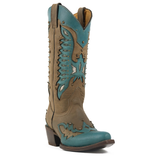 6503 - RockinLeather Women's Crazy Laton Boot With Turq. Inlays & Overlays