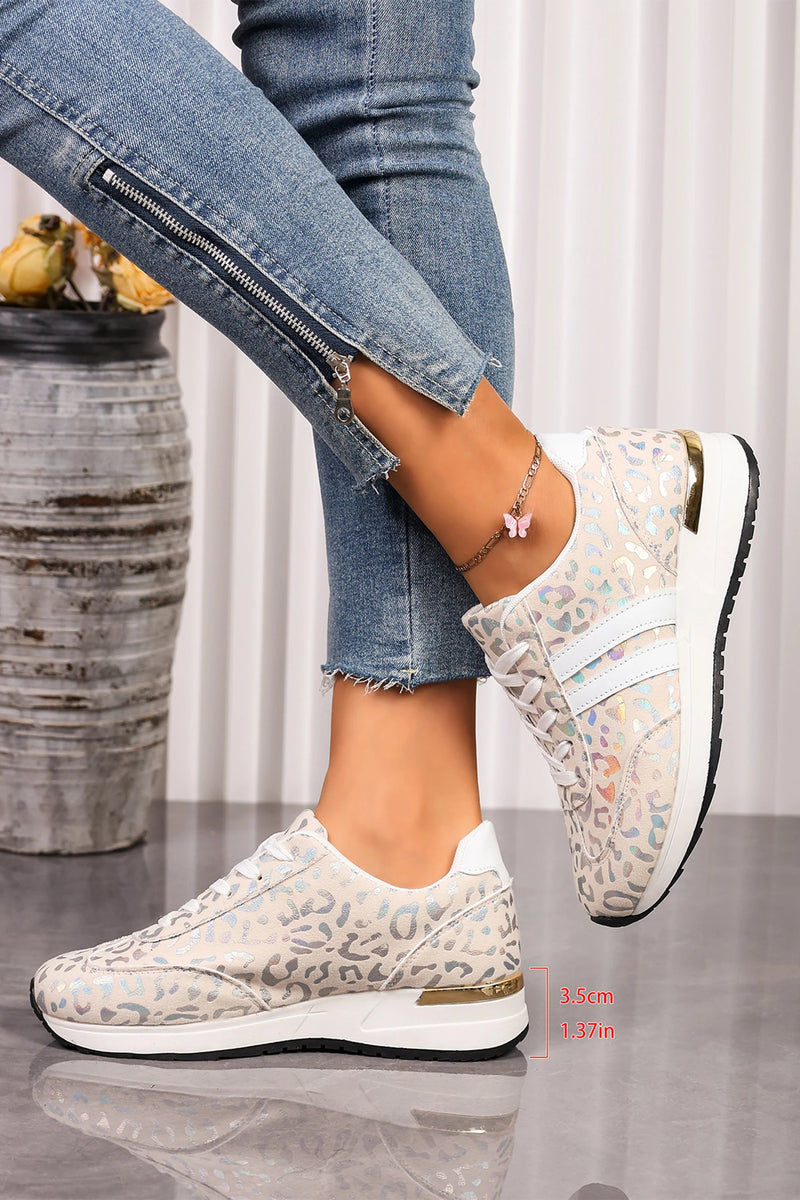 Load image into Gallery viewer, DLLSHOE 197 - White Leopard Print Lace-Up Low-Top Sneakers with Rubber Sole
