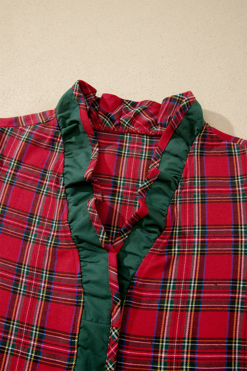 Load image into Gallery viewer, DLLS856 - Ladies Red Plaid V Neck Ruffle Color Block Trim Short Sleeve Shirt

