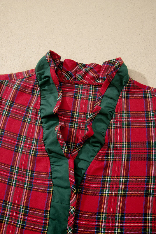 DLLS856 - Ladies Red Plaid V Neck Ruffle Color Block Trim Short Sleeve Shirt