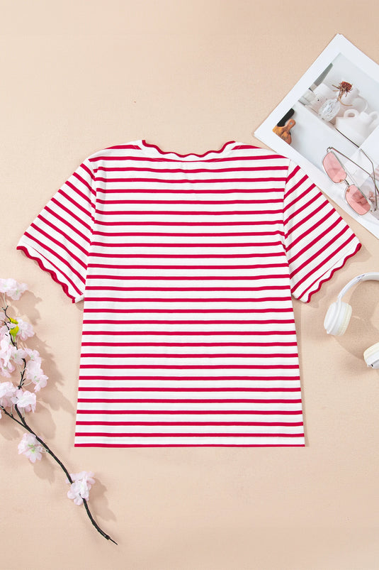 DLLS349 - Ladies Red Stripe Scalloped Trim Round Neck T Shirt