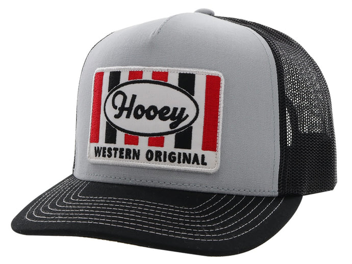 2201T - GYBK - Sudan Hooey Grey / Black 5-Panel Trucker with Red / Black / White Rectangle Patch - OSFA