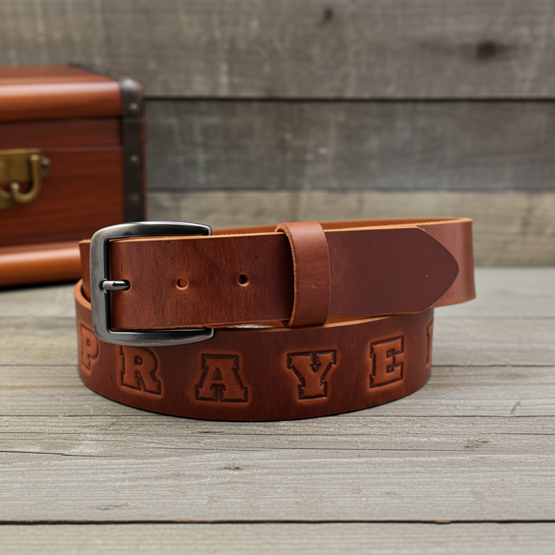 Load image into Gallery viewer, CP1003 - Cowboy Prayer Cowhide Leather Belt With &quot;Cowboy Prayer&quot; Stamped In
