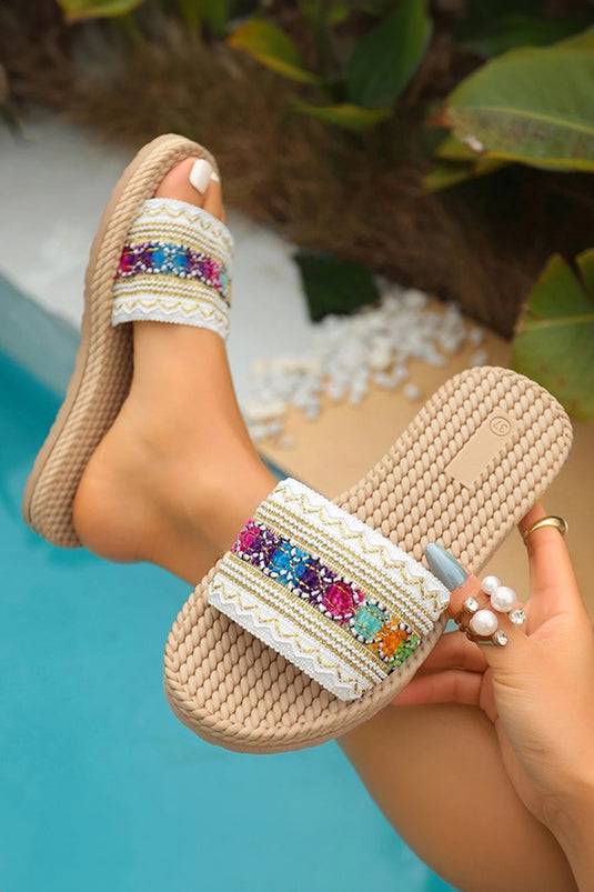 DLLSHOE 5 - Parchment Bohemian Vacation Woven Colorful Detail Wide Band Slippers