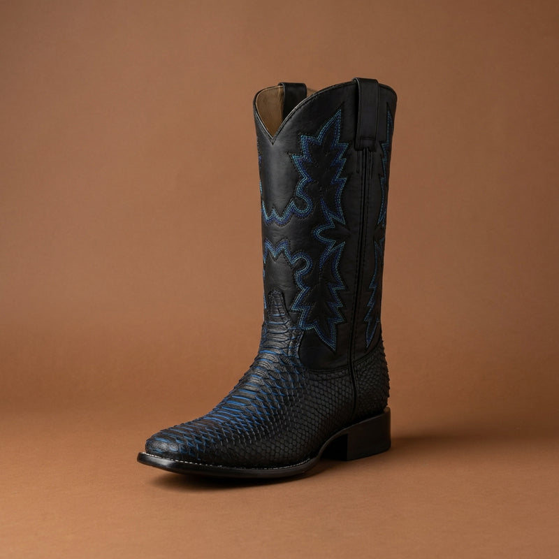 Load image into Gallery viewer, CP5008 - Cowboy Prayer Men's Black Python Print w/Blue Underlay Western Boots
