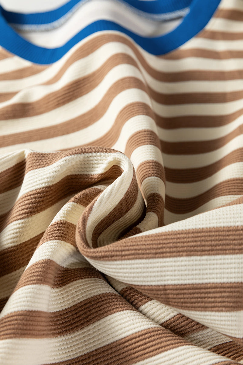 Load image into Gallery viewer, DLLS416 - Ladies Brown Stripe Short Puff Sleeve Contrast Trim Round Neck Tee
