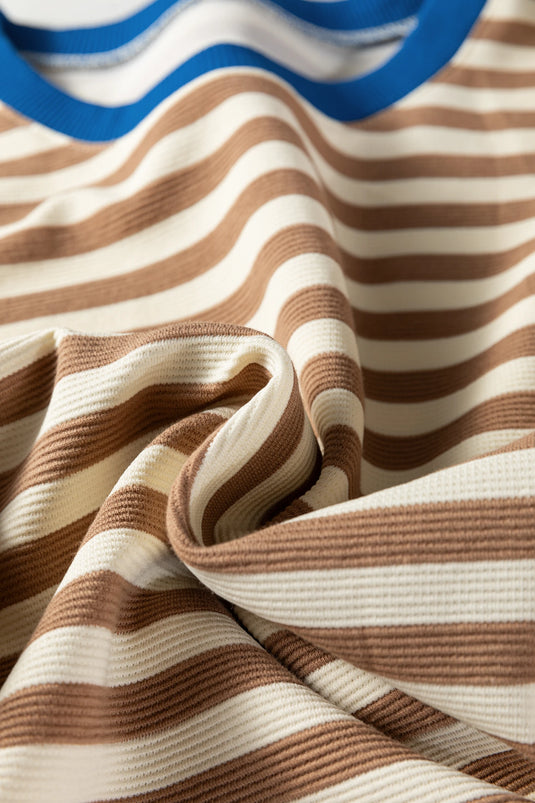 DLLS416 - Ladies Brown Stripe Short Puff Sleeve Contrast Trim Round Neck Tee