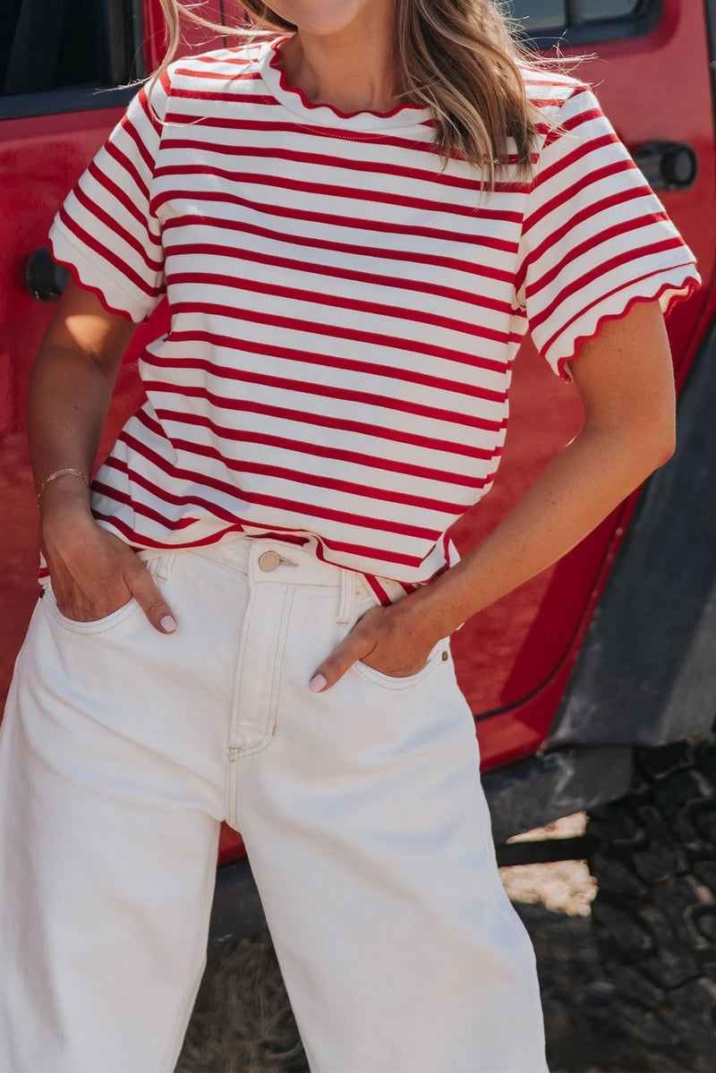 Load image into Gallery viewer, DLLS349 - Ladies Red Stripe Scalloped Trim Round Neck T Shirt
