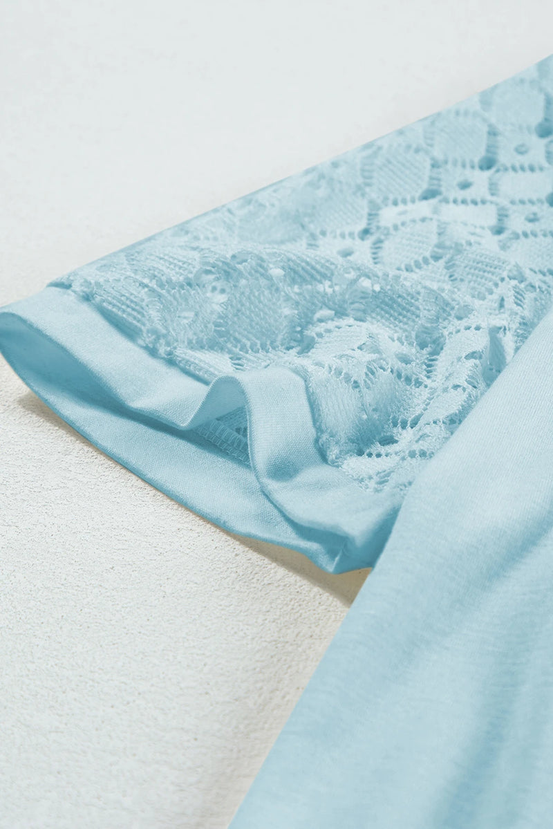 Load image into Gallery viewer, DLLS477 - Ladies Mist Blue Contrast Lace Raglan Sleeve Tee
