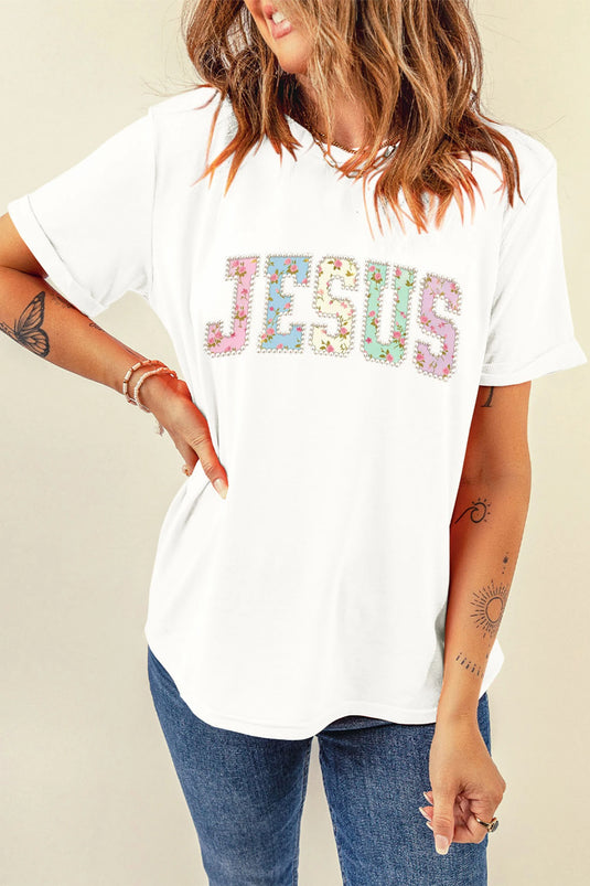 DLLS471 - Ladies White JESUS Floral Pearl Printed Letter Graphic Tee