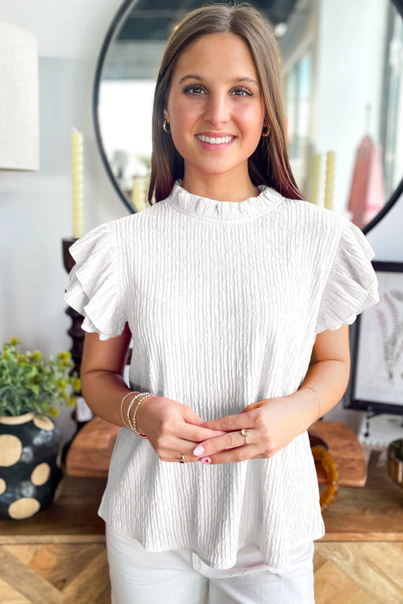 Load image into Gallery viewer, DLLS692 - Ladies White Solid Color Textured Ruffle Trim Short Sleeve Blouse
