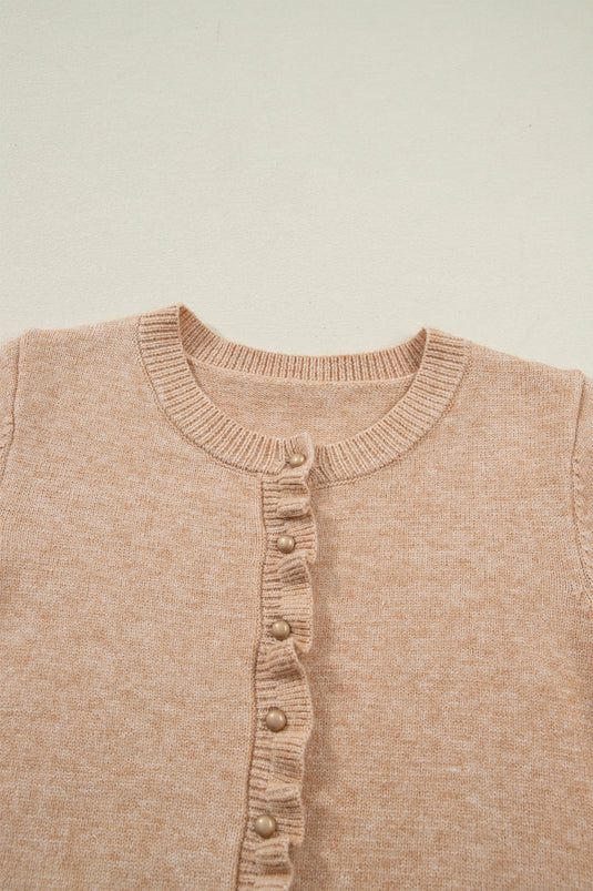DLLS403 - Ladies Oatmeal Ruffle Trim Gold Button Sweater Cardigan