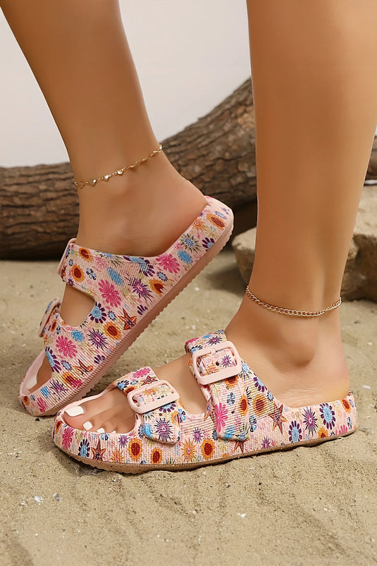 DLLSHOE 64  - Pink Floral Print Double Buckle Casual Slippers
