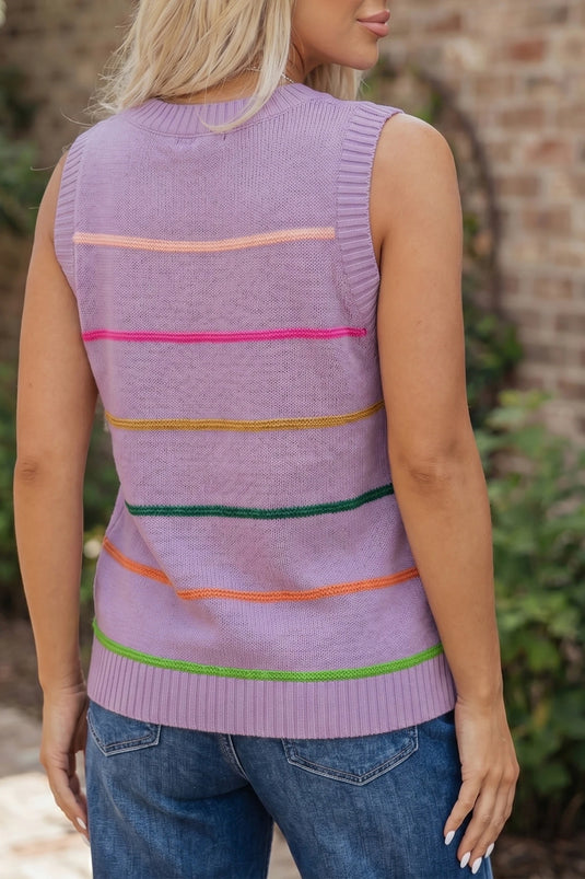 DLLS706 - Ladies Purple Stripe Round Neck Knitted Sweater Tank