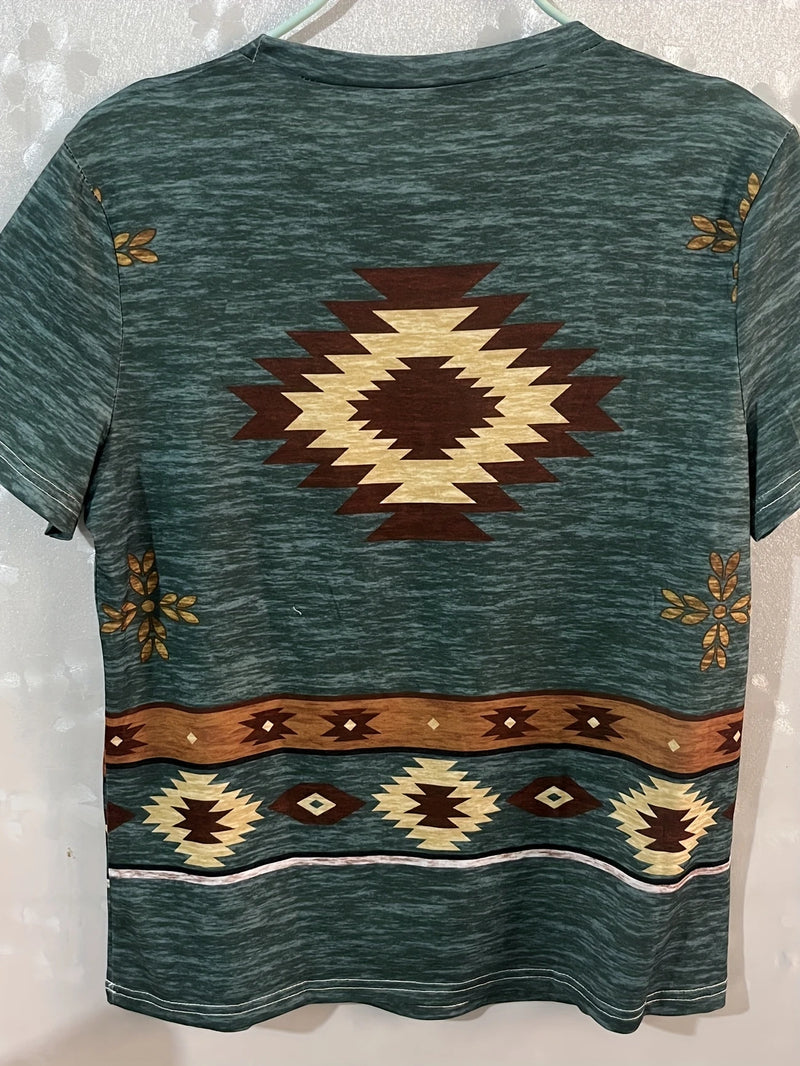 Load image into Gallery viewer, TMTSHT89 - Ladies Short Sleeve Aztec Print Shirt

