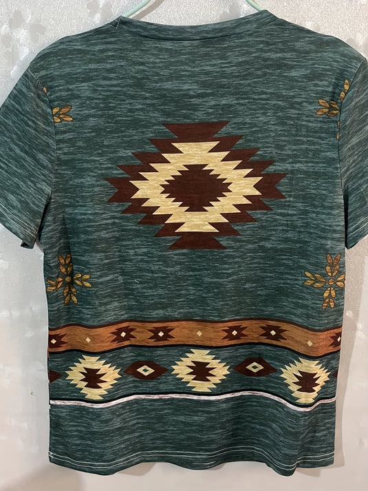 TMTSHT89 - Ladies Short Sleeve Aztec Print Shirt