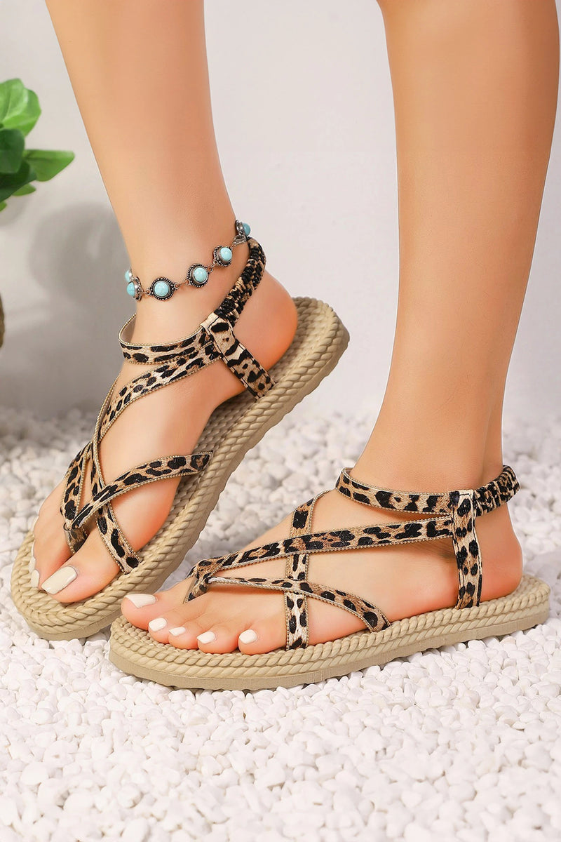 Load image into Gallery viewer, DLLSHOE 116 - Khaki Leopard Strappy Caged Braided Sole Boho Sandals

