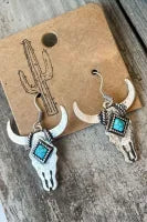 DLLER32 - Ladies Silver Turquoise Bull Head Western Fashion Earrings