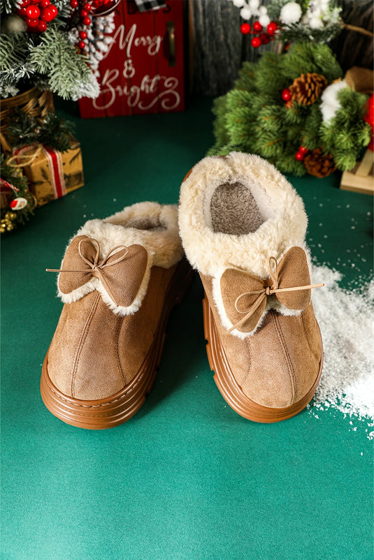 DLLSHOE 131 - Straw Yellow Cozy Faux Fur Lined Bow Decor Clog Slippers