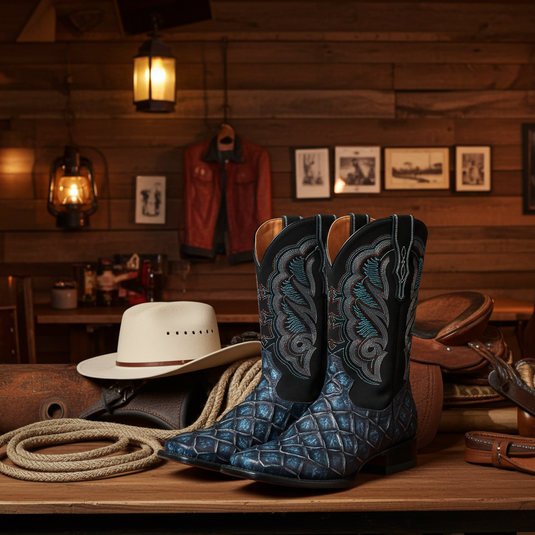 CP1707 - Cowboy Prayer Hand Crafted Blue Pirarucu Print Cowboy Boots