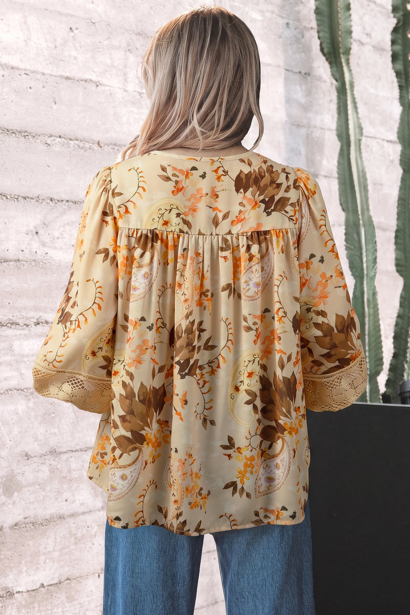 Load image into Gallery viewer, DLLS817 - Ladies Khaki Paisley Print Decorative Binding Tape V Neck Shift Blouse
