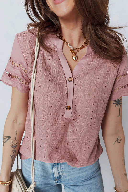 DLLS342 - Ladies Fushia Textured Embroidered Half Buttons Short Sleeve Blouse