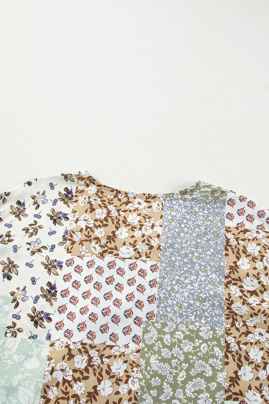 DLLS415 - Ladies Multicolor Floral Patchwork Print Long Puff Sleeve Shirt