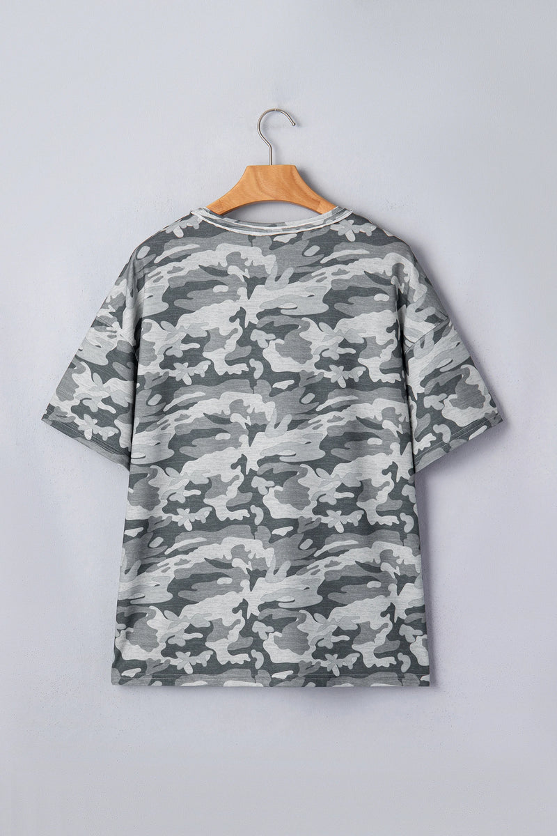 Load image into Gallery viewer, DLLS941 - Ladies Green Retro Camouflage Print Raw Edge V Neck Tee
