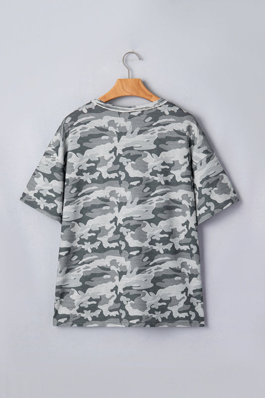 DLLS941 - Ladies Green Retro Camouflage Print Raw Edge V Neck Tee