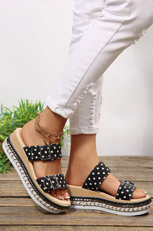DLLSHOE 174 - Color Black Polka Dot Pattern Double Buckle Straps Platform Slippers