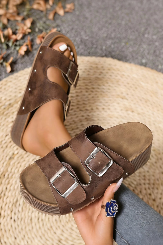DLLSHOE 84 - Coffee Retro Double Buckle PU Leather Faux Suede Platform Slippers