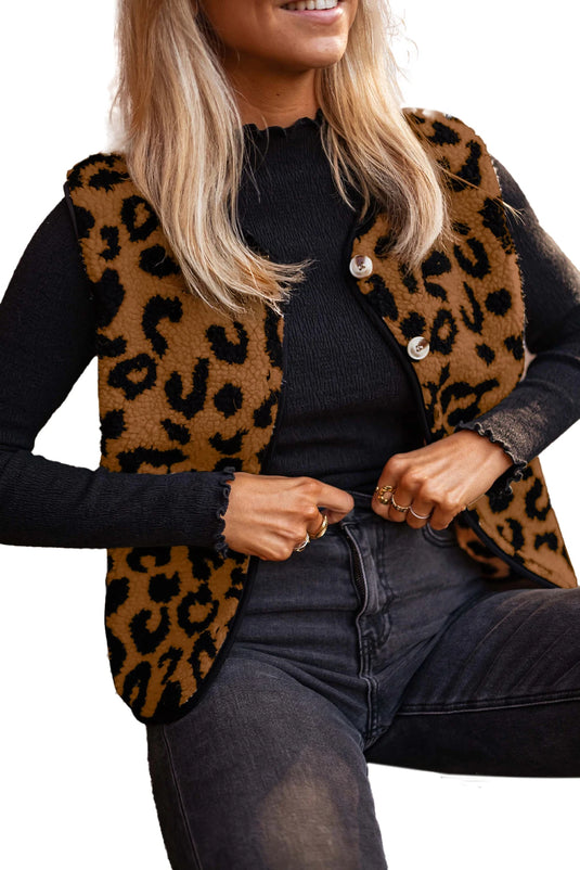 DLLS1148 - Ladies Chestnut Leopard Print Sherpa Vest Coat