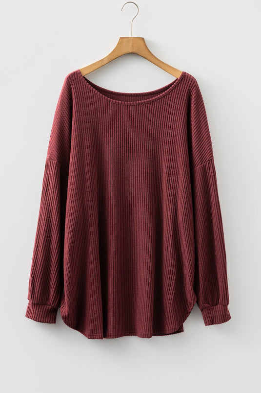 DLLS238 - Ladies Wild Ginger Plus Size Ribbed Button Decor Long Sleeve Loose Top