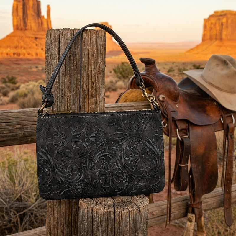 Load image into Gallery viewer, 2090687BK - Justin Mini Shoulder Bag Tooled Black
