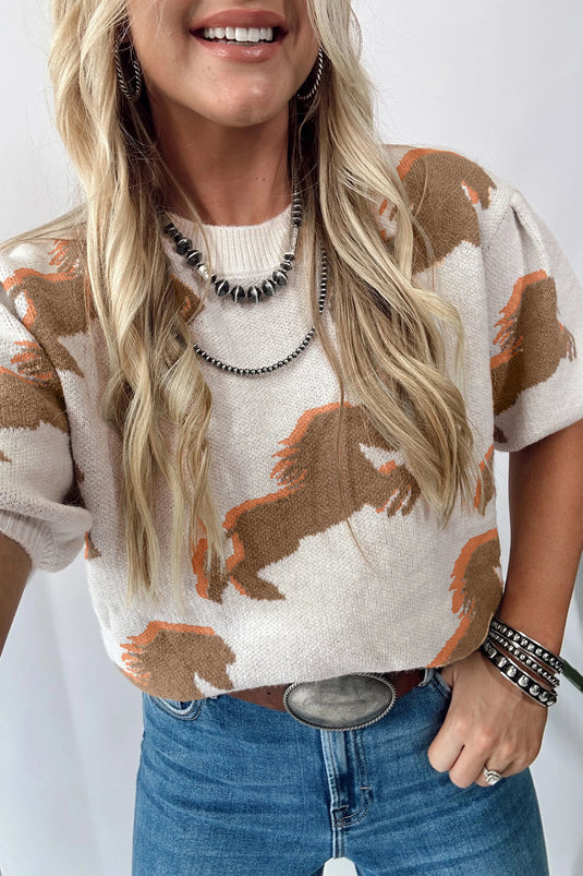 DLLS741 - Ladies White Western Horse Printed Short Puff Sleeve Sweater