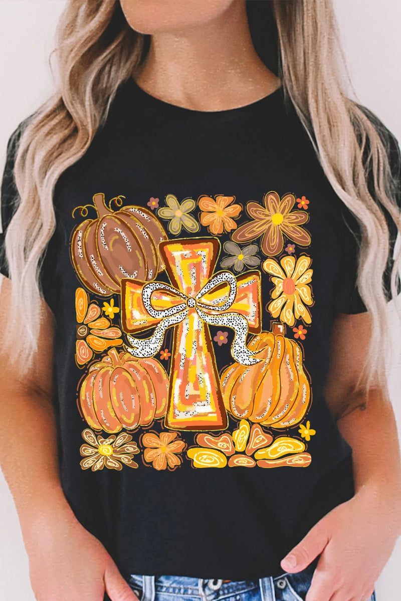 Load image into Gallery viewer, DLLS992 - Ladies Black Thanksgiving Pray Cross Pumpkin Graphic Cotton Blend Tee
