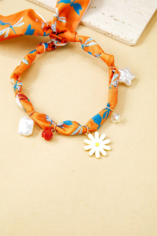 DLLNK 9 - Orange Dragonfly Print Daisy Flower Pearl Crystal Decor Ribbon Necklace