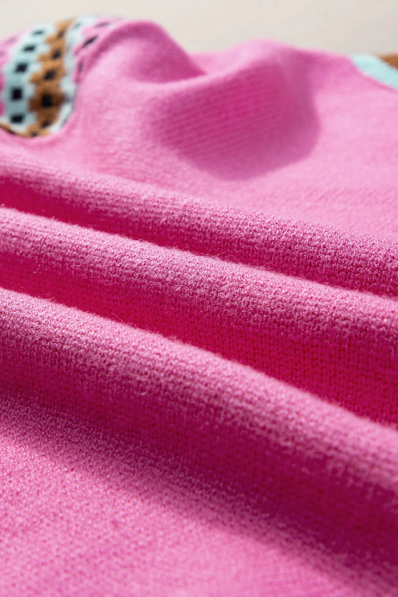 Load image into Gallery viewer, DLLS561 - Ladies Bright Pink Contrast Printed Cap Sleeves Crewneck Sweater
