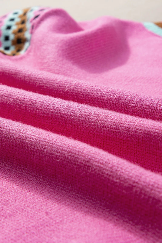 DLLS561 - Ladies Bright Pink Contrast Printed Cap Sleeves Crewneck Sweater