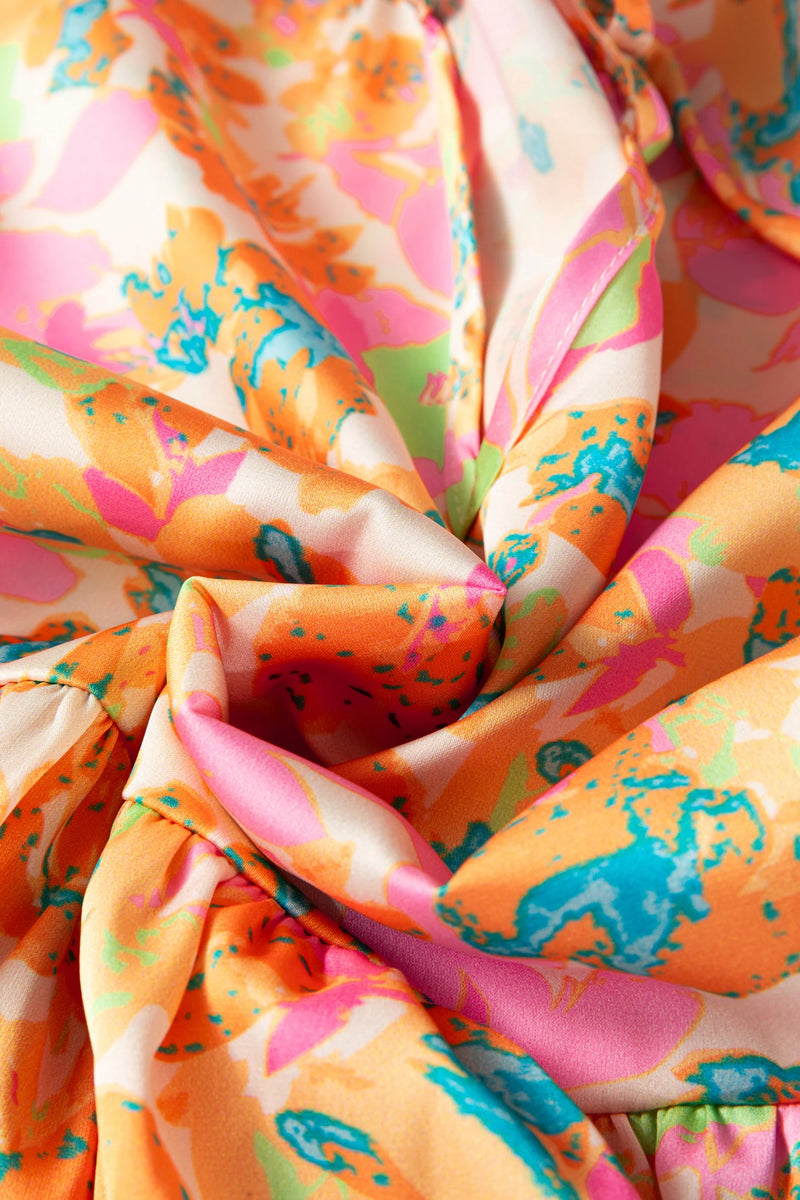 Load image into Gallery viewer, DLLS365 - Ladies Orange Split V Neck Short Sleeve Flower Blouse
