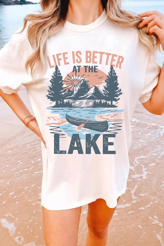 DLLS600 - Ladies White LIFE IS BETTER AT THE LAKE Graphic Tunic T Shirt