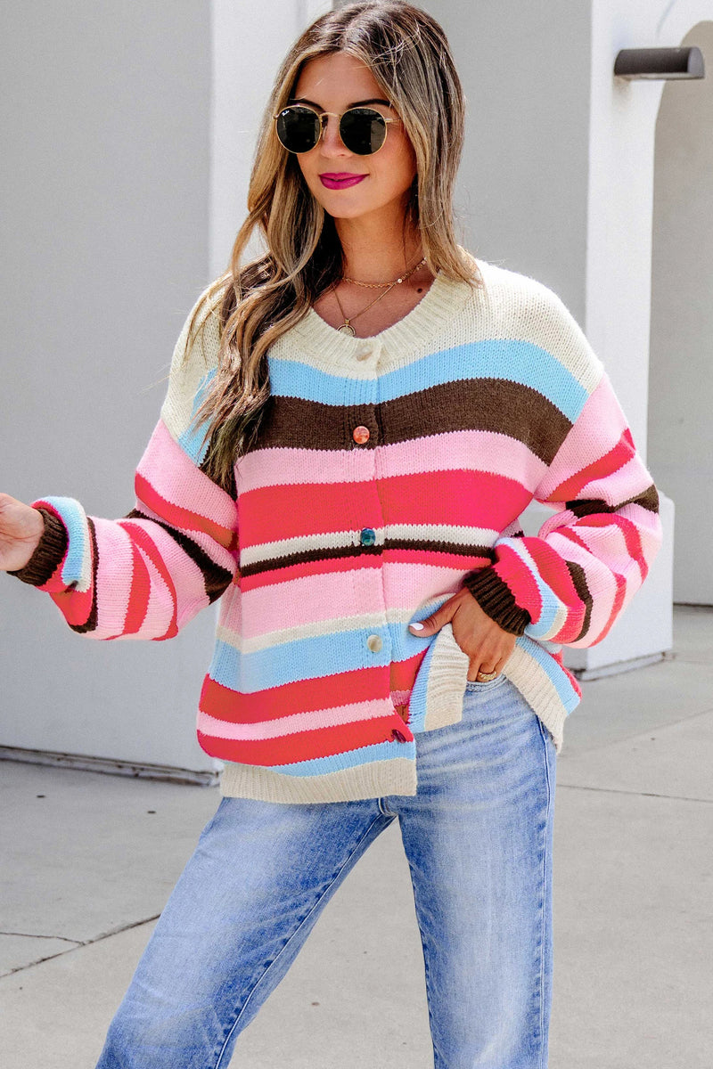 Load image into Gallery viewer, DLLS862 - Ladies Pink Stripe Striped Colorblock Drop Shoulder Cardigan
