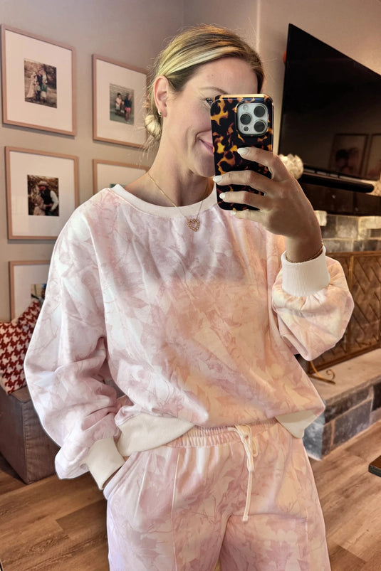 DLLS825 - Ladies Pink Abstract Print Drop Shoulder Drawstring Waist Drawstring Hem Pant Set
