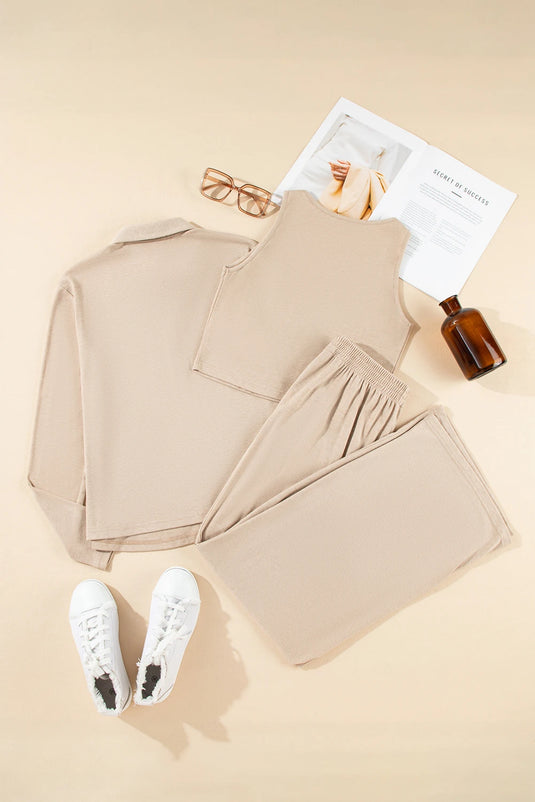 DLLS910 - Ladies Oatmeal 3-Piece Cozy Knit Lounge Set