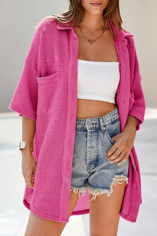 DLLS545 - Ladies Bright Pink Waffle Textured Knit Button Down Short Sleeve Shacket
