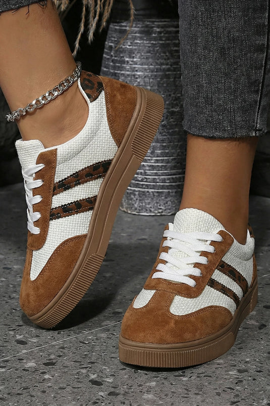 DLLSHOE 8 - Coffee Textured Woven PU Leather Leopard Patchwork Flat Sneakers