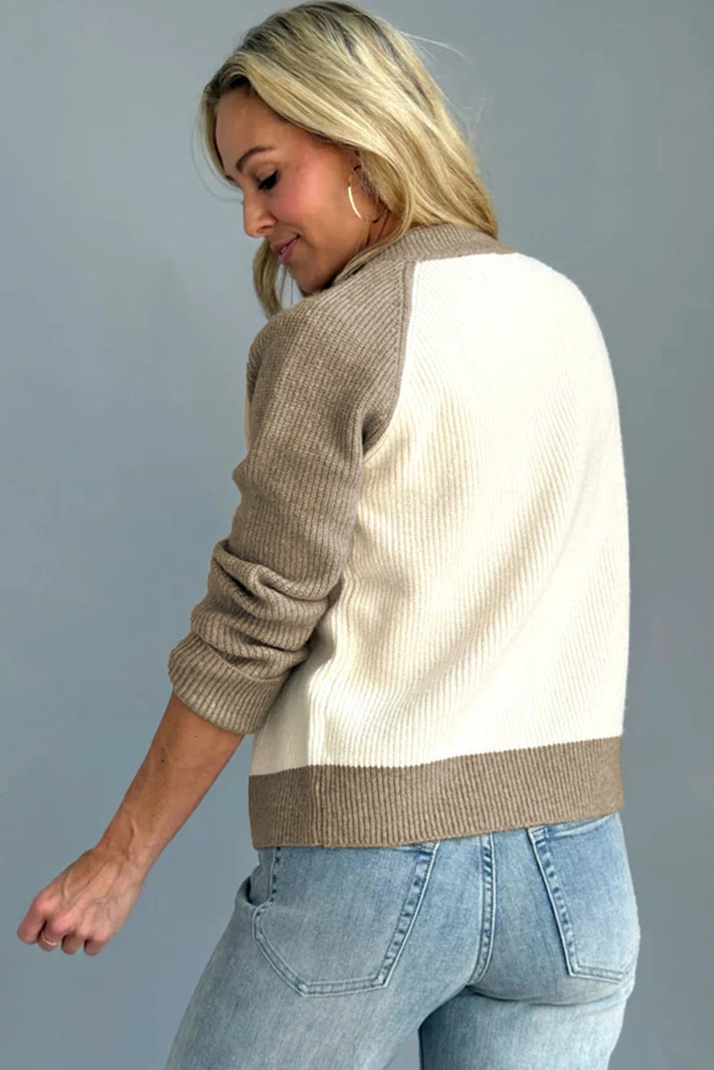 Load image into Gallery viewer, DLLS251 - Ladies White Color Block Ribbed Knit Button Down Sweater Cardigan
