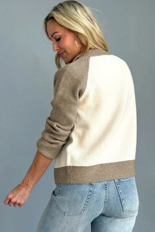 DLLS251 - Ladies White Color Block Ribbed Knit Button Down Sweater Cardigan