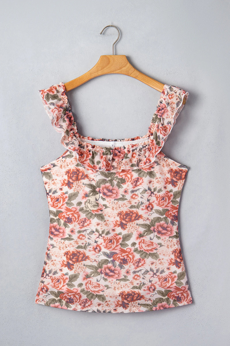 Load image into Gallery viewer, DLLS620 - Ladies Multicolor Retro Floral Ruffle Trim Square Neck Tank Top
